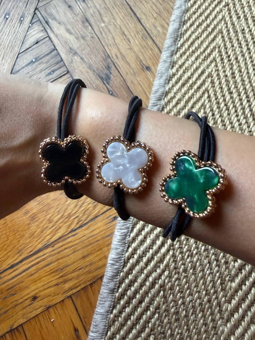 Set of 3 Clover Hair Ties / Bracelets – Black, Pearl & Green